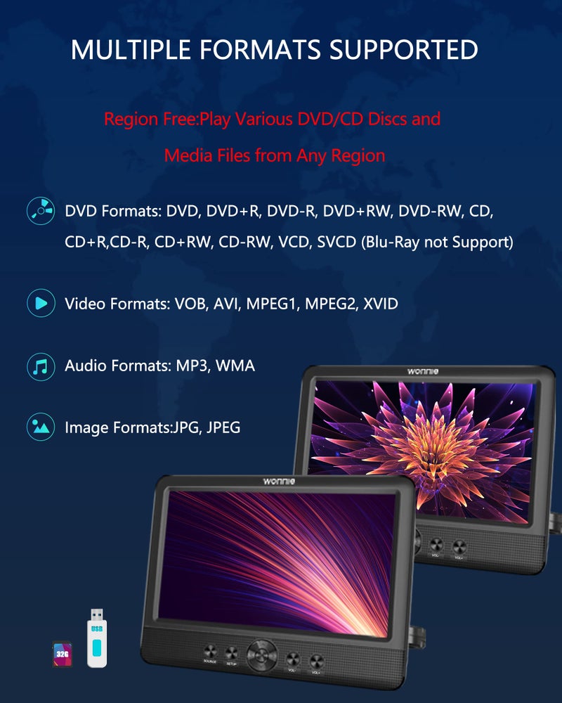 WONNIE 10.5" Two DVD Players Dual Screen for Car Portable CD Player, Play a Same or Two Different Movies with Two Mounting Brackets, 5-Hour Rechargeable Battery, Support USB/SD Card Reader - Image 3